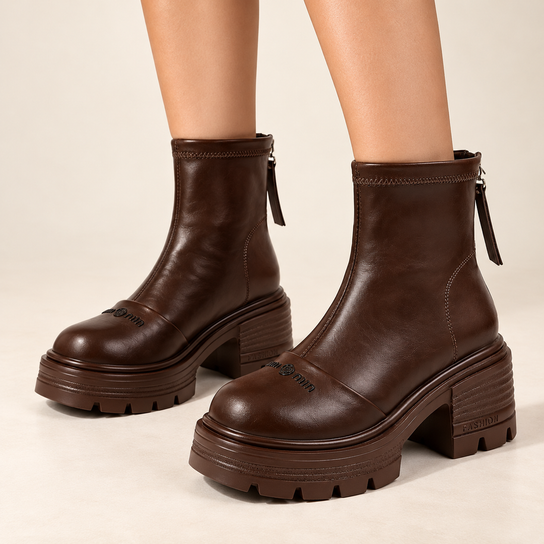 Damen Stiefeletten mit hohem Blockabsatz und Reißverschluss | Elegante Ankle Boots mit rutschfester Gummisohle für Alltag und Abendoutfits