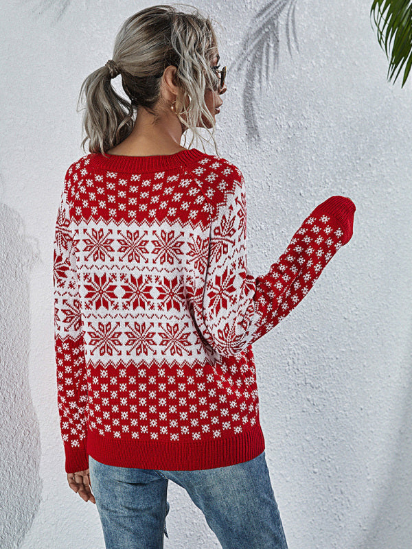 Weihnachtspullover mit Schneeflocken | Gestrickter Winterpullover mit Rundhalsausschnitt, langen Ärmeln und Rippbündchen