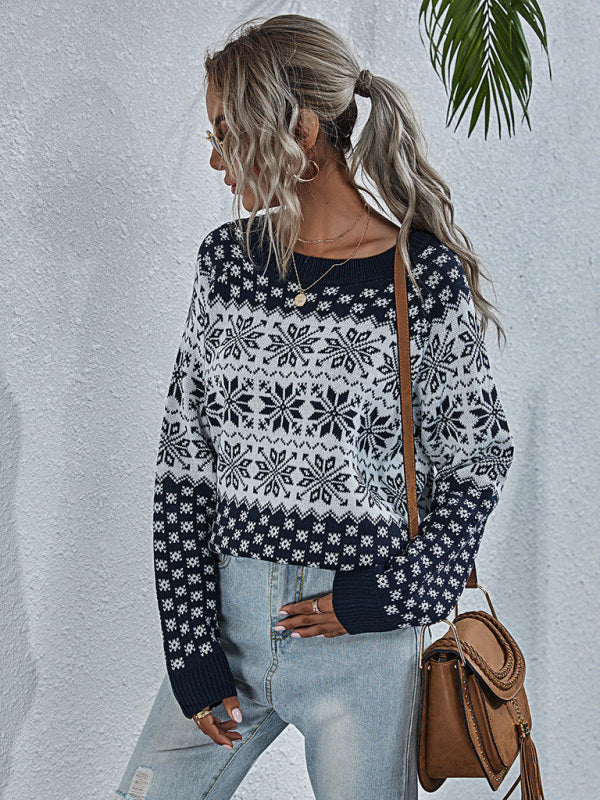 Weihnachtspullover mit Schneeflocken | Gestrickter Winterpullover mit Rundhalsausschnitt, langen Ärmeln und Rippbündchen