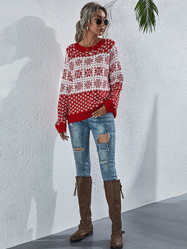 Weihnachtspullover mit Schneeflocken | Gestrickter Winterpullover mit Rundhalsausschnitt, langen Ärmeln und Rippbündchen
