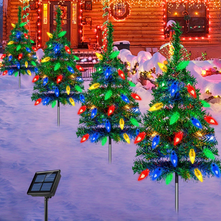 Solar Weihnachtsbaumleuchten 4er Set für Garten und Wege | Mehrfarbige Weihnachtsbeleuchtung mit Erdspießen