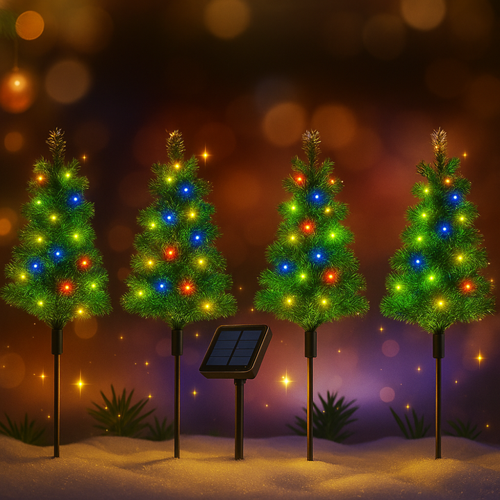 Solar Weihnachtsbaumleuchten 4er Set für Garten und Wege | Mehrfarbige Weihnachtsbeleuchtung mit Erdspießen