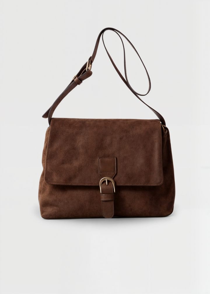 Damen Umhängetasche in brauner Wildlederoptik | Vegane Schultertasche mit Reißverschluss und verstellbarem Riemen