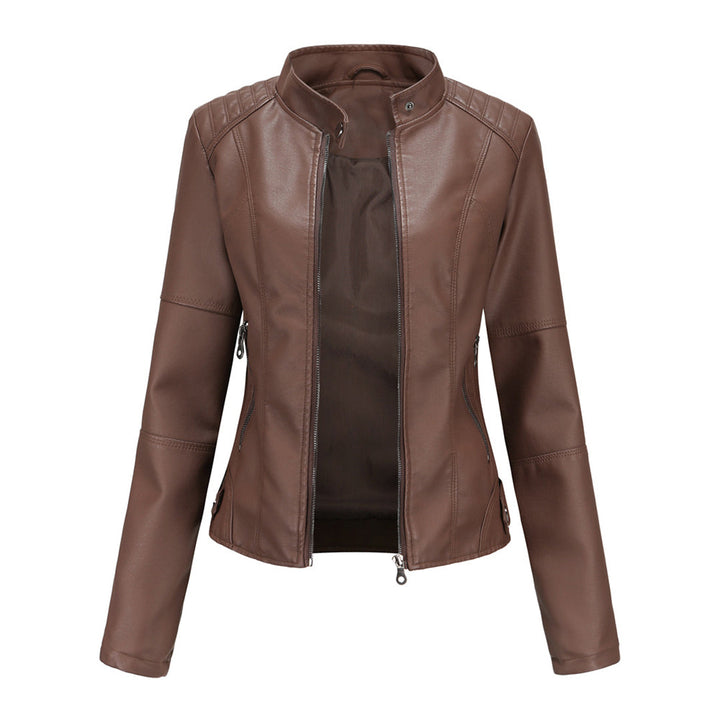 Damen Lederjacke | Taillierte Übergangsjacke mit Reißverschluss, Druckknopfkragen und praktischen Taschen