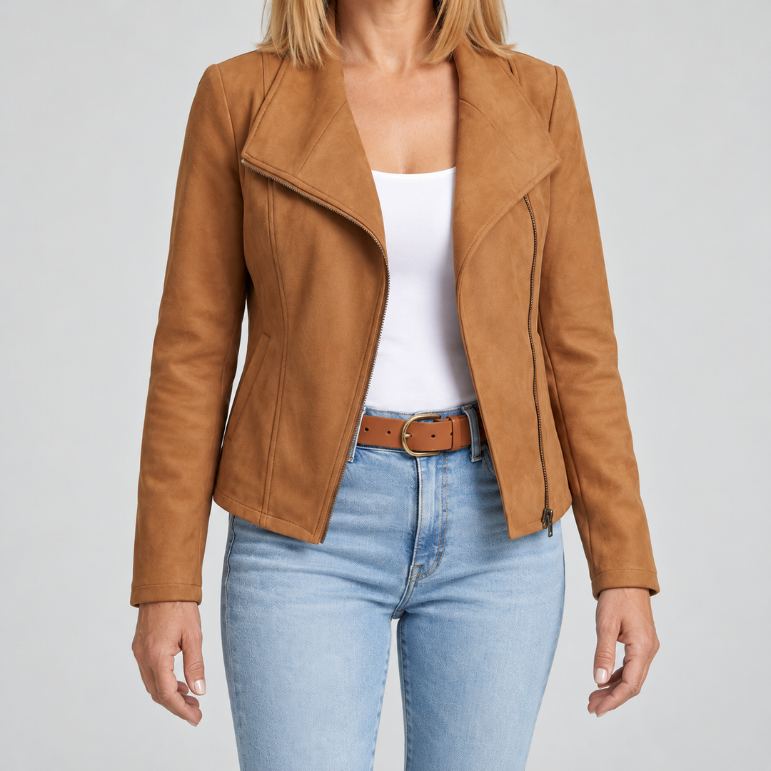 Damen Bikerjacke aus Kunstwildleder | Taillierte Jacke in Wildleder-Optik mit asymmetrischem Reißverschluss und Reverskragen