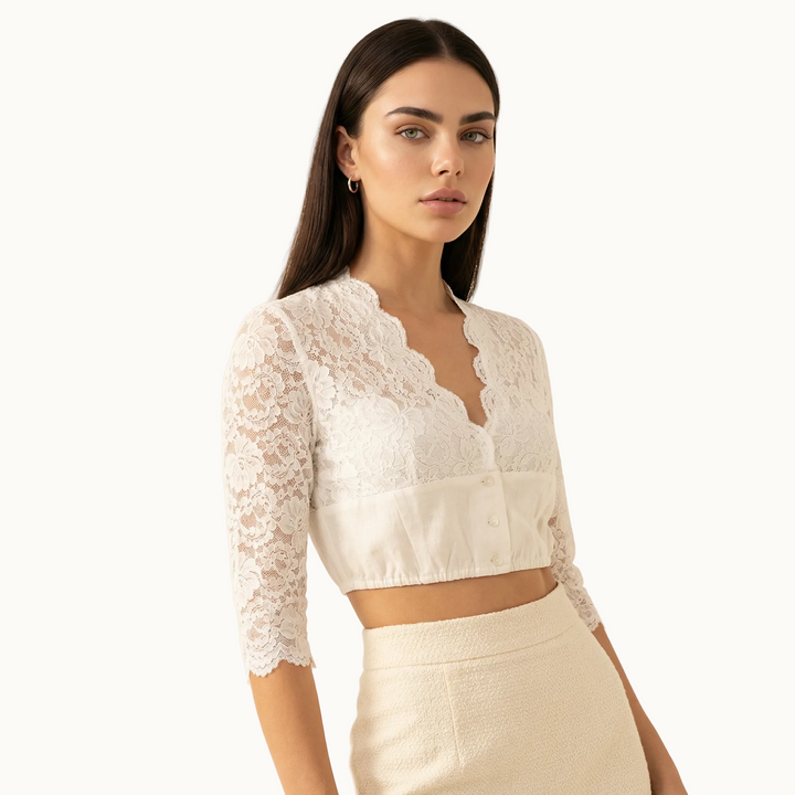 Dirndlbluse Damen mit Spitze | 3/4-Arm, V-Ausschnitt und Knopfleiste | Stretch-Spitze für vielseitige Trachten-Looks