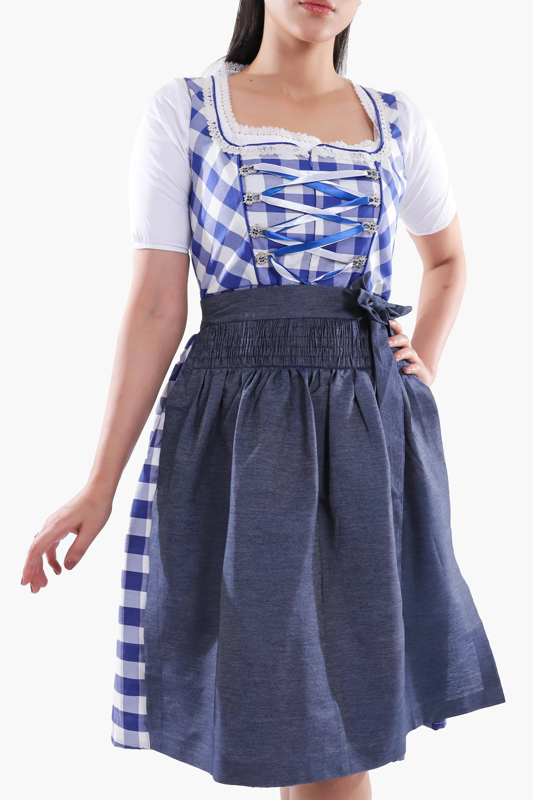 Dirndl Midi Damen | Trachtenkleid mit strukturiertem Mieder, Schürze und Schleifenband für Oktoberfest