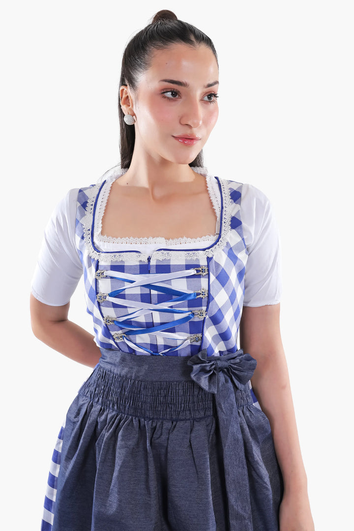 Dirndl Midi Damen | Trachtenkleid mit strukturiertem Mieder, Schürze und Schleifenband für Oktoberfest