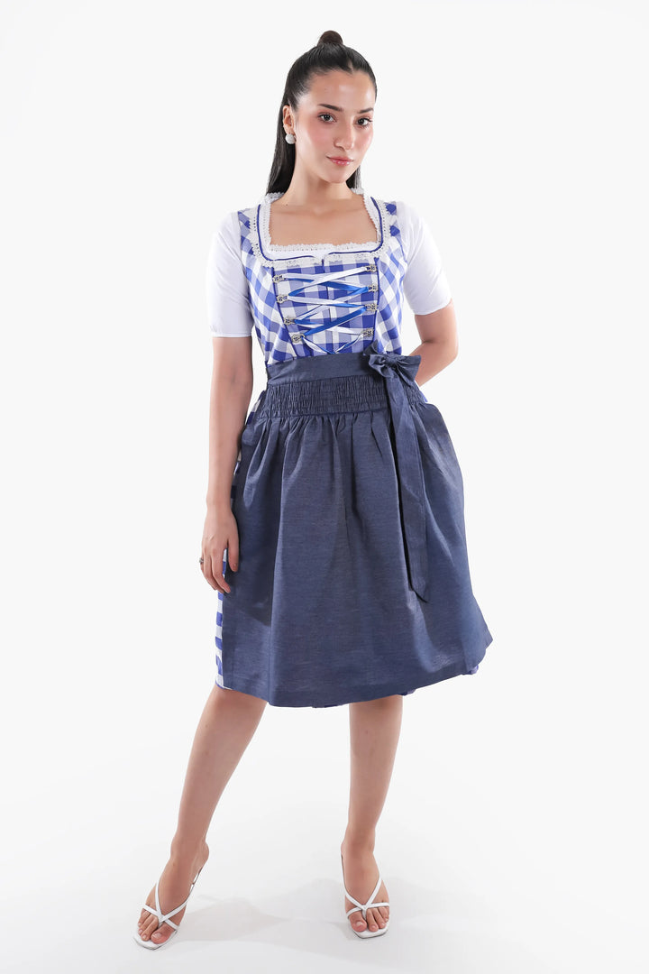 Dirndl Midi Damen | Trachtenkleid mit strukturiertem Mieder, Schürze und Schleifenband für Oktoberfest