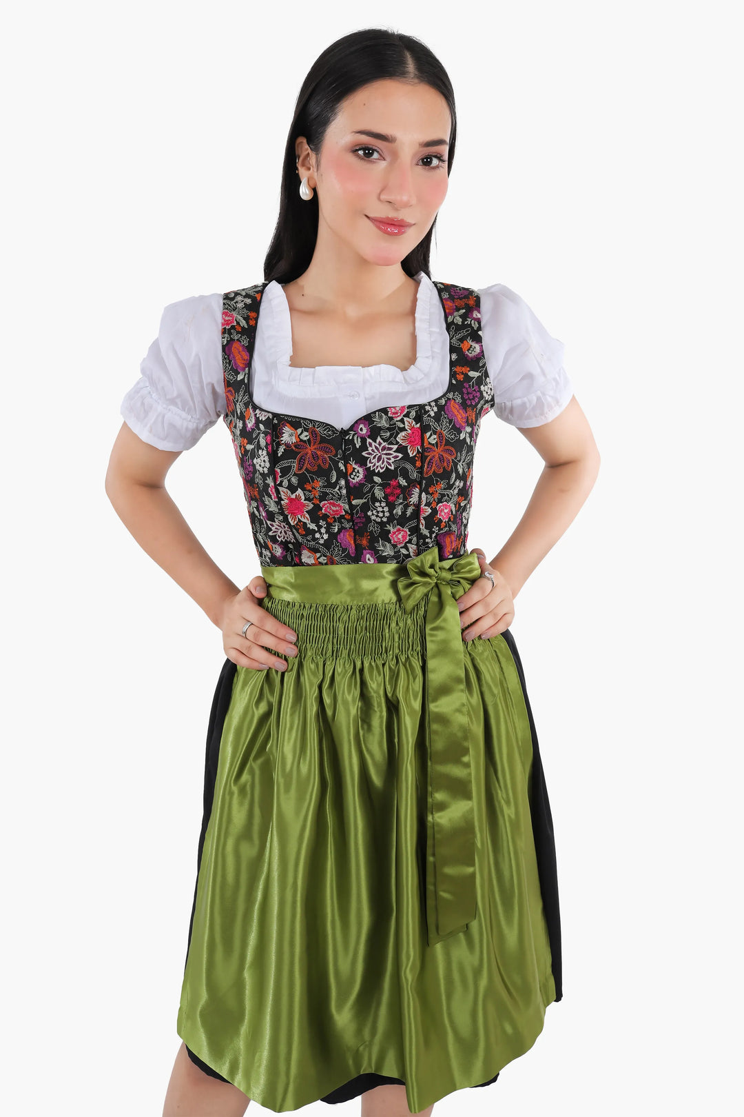 Dirndl Midi Damen Grün Floral | Trachtenkleid mit Blumenmuster, strukturiertem Mieder und Schürze für Oktoberfest