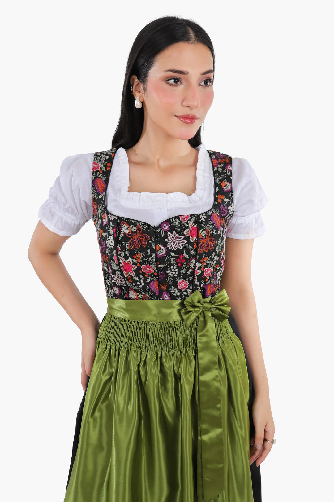 Dirndl Midi Damen Grün Floral | Trachtenkleid mit Blumenmuster, strukturiertem Mieder und Schürze für Oktoberfest