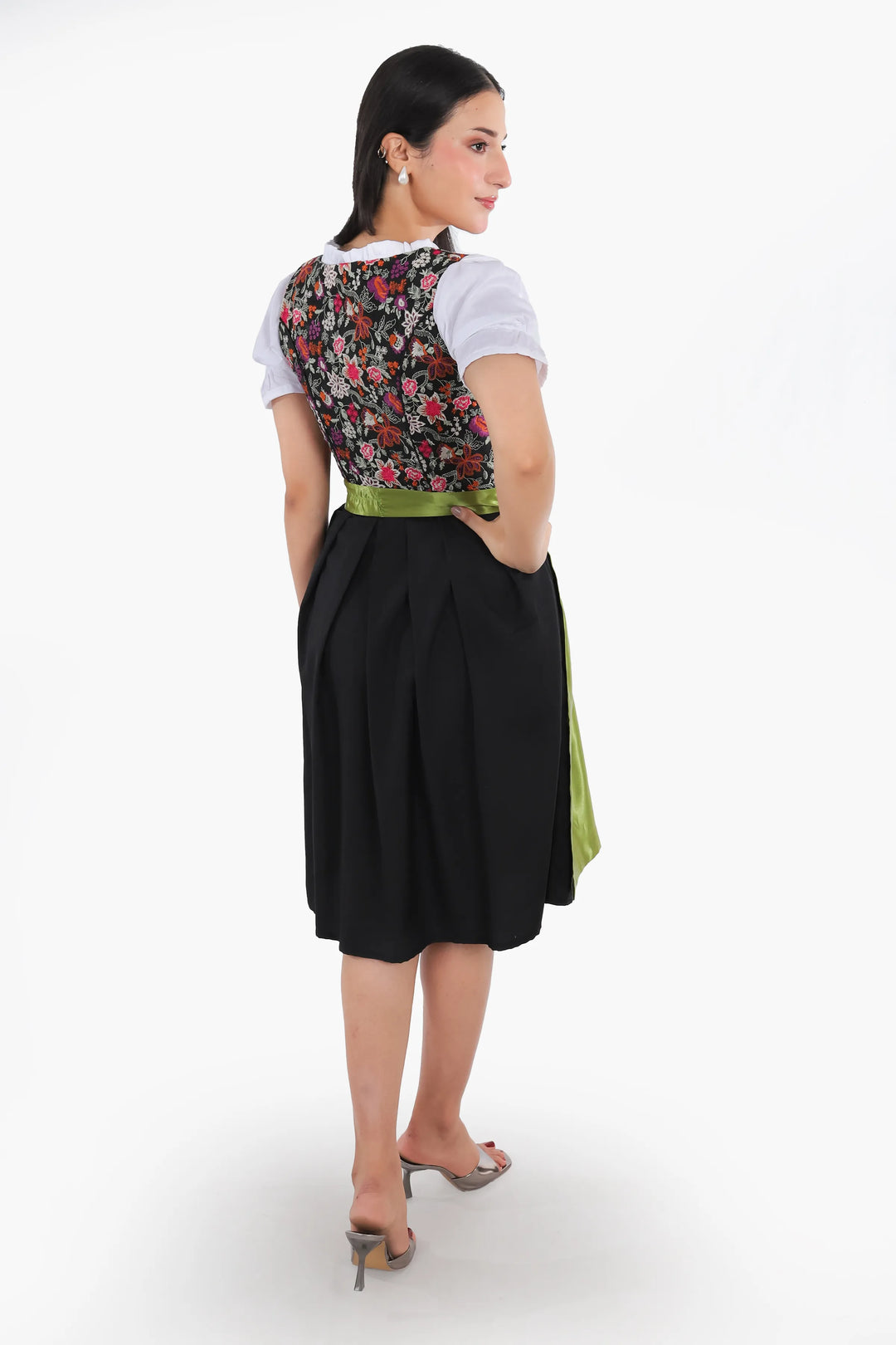 Dirndl Midi Damen Grün Floral | Trachtenkleid mit Blumenmuster, strukturiertem Mieder und Schürze für Oktoberfest
