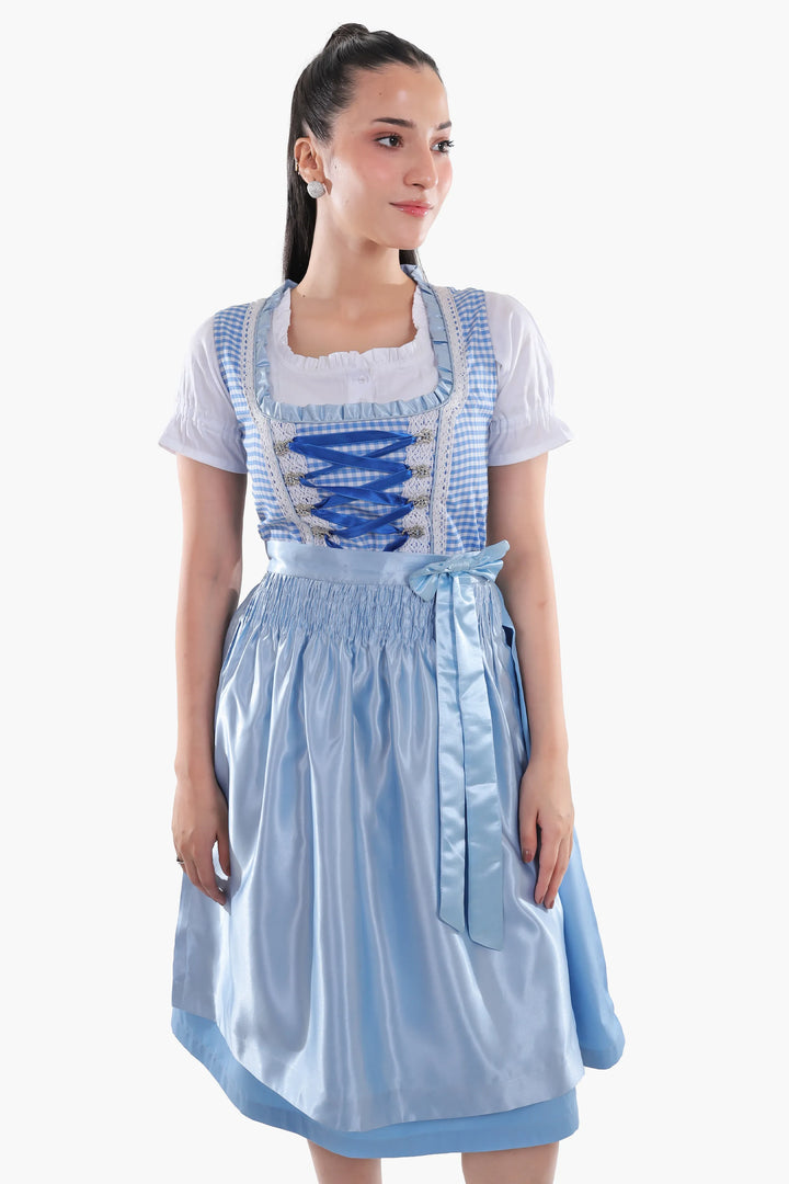 Dirndl Midi Damen | Kariertes Trachtenkleid mit Schürze, strukturiertem Mieder und Schnürband für Oktoberfest