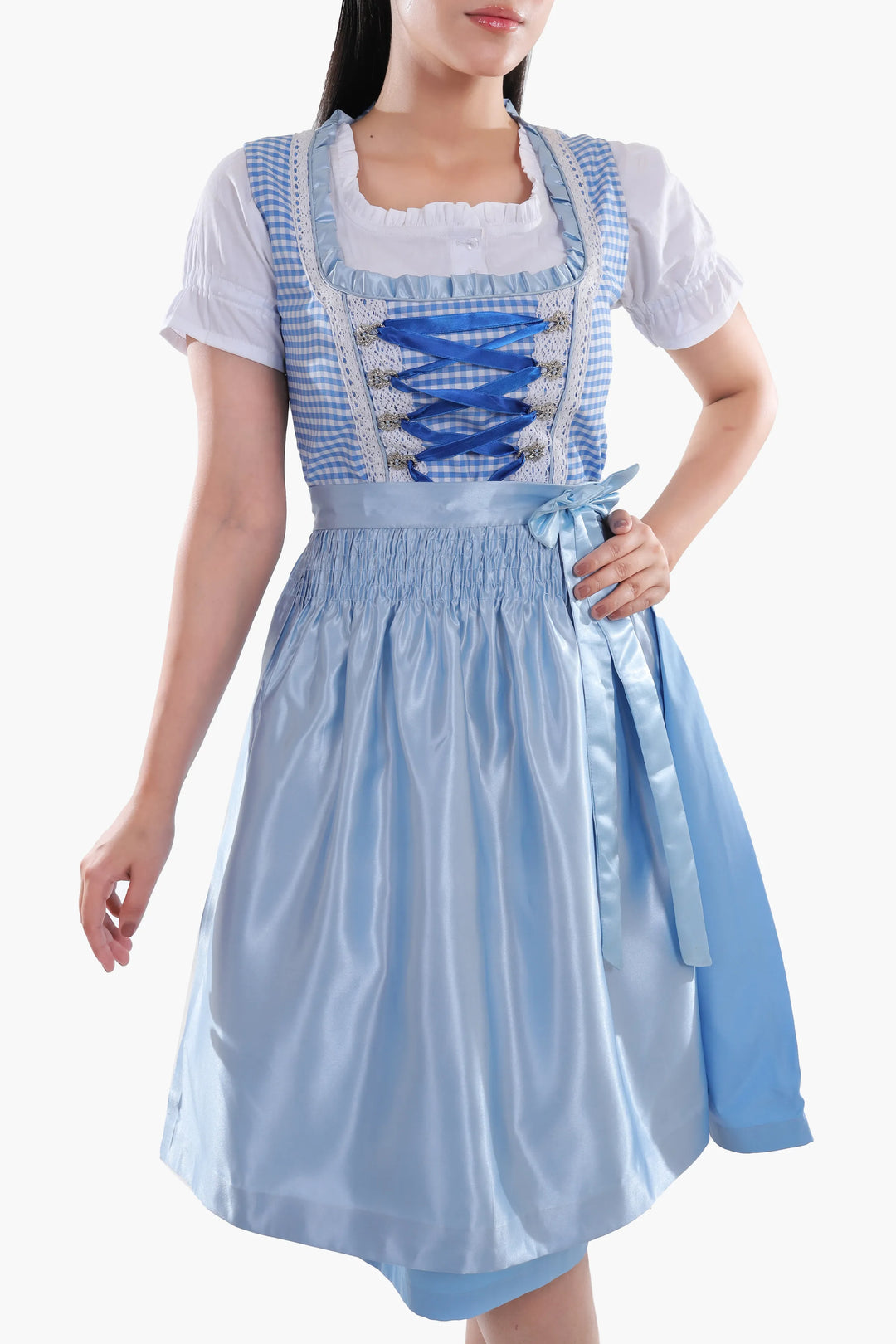 Dirndl Midi Damen | Kariertes Trachtenkleid mit Schürze, strukturiertem Mieder und Schnürband für Oktoberfest