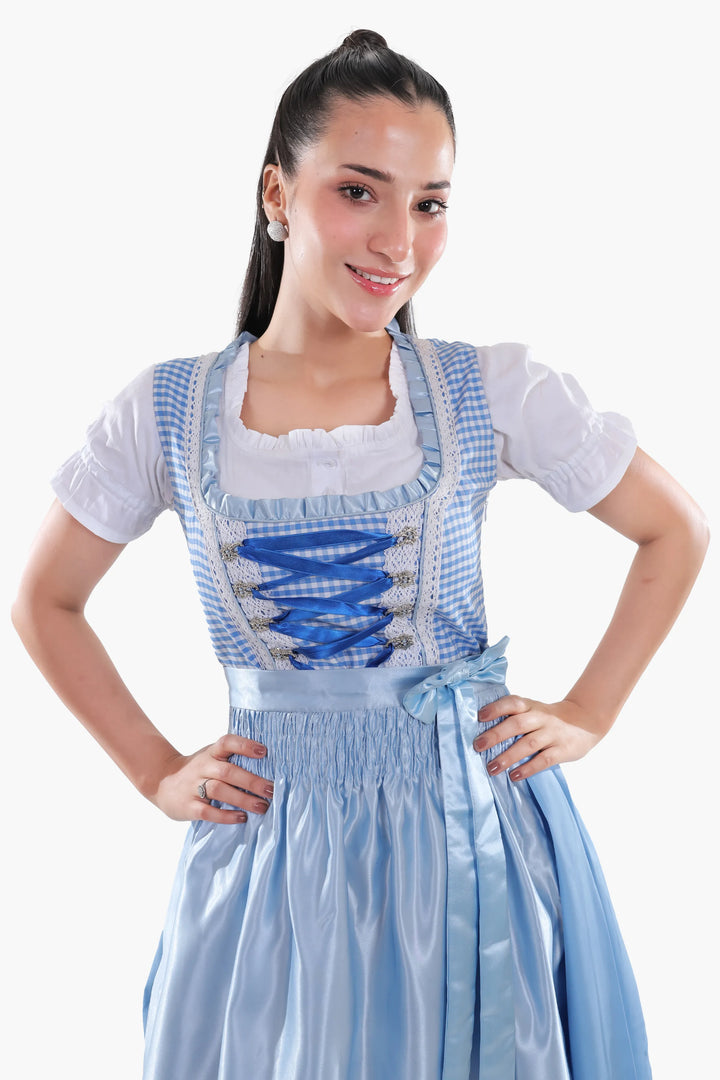 Dirndl Midi Damen | Kariertes Trachtenkleid mit Schürze, strukturiertem Mieder und Schnürband für Oktoberfest
