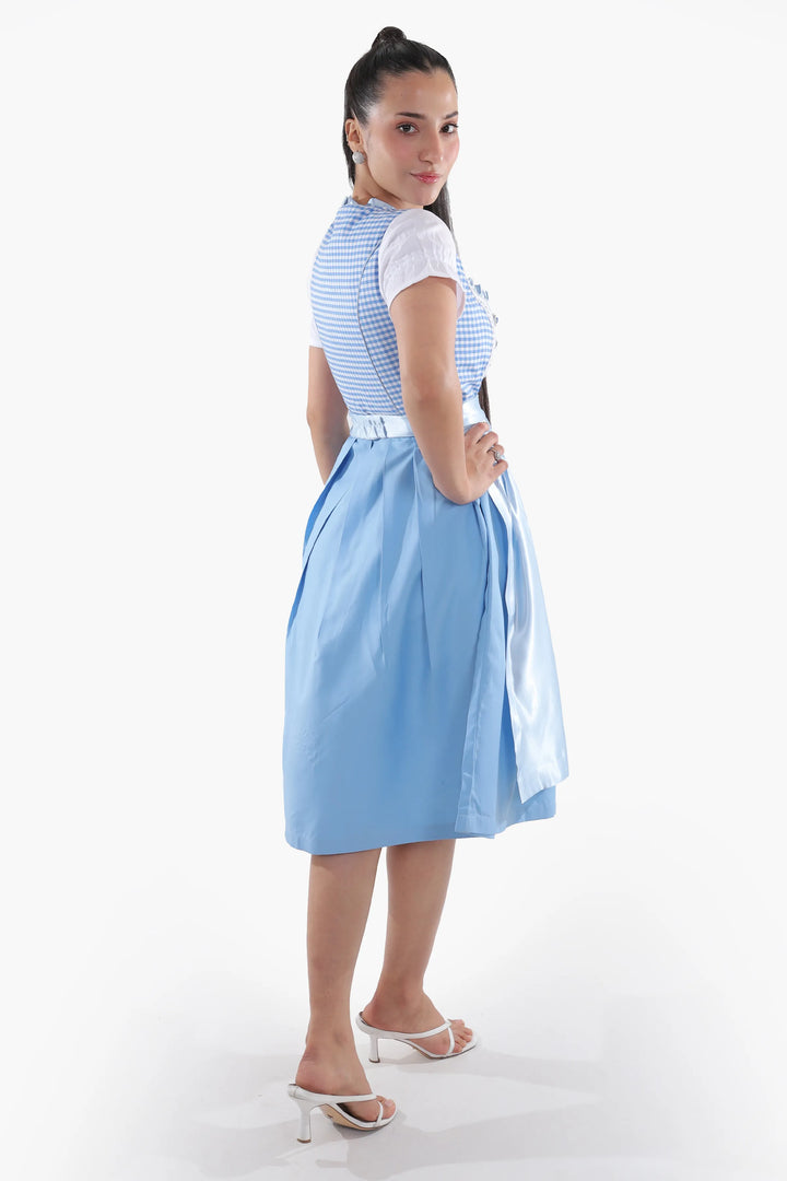 Dirndl Midi Damen | Kariertes Trachtenkleid mit Schürze, strukturiertem Mieder und Schnürband für Oktoberfest