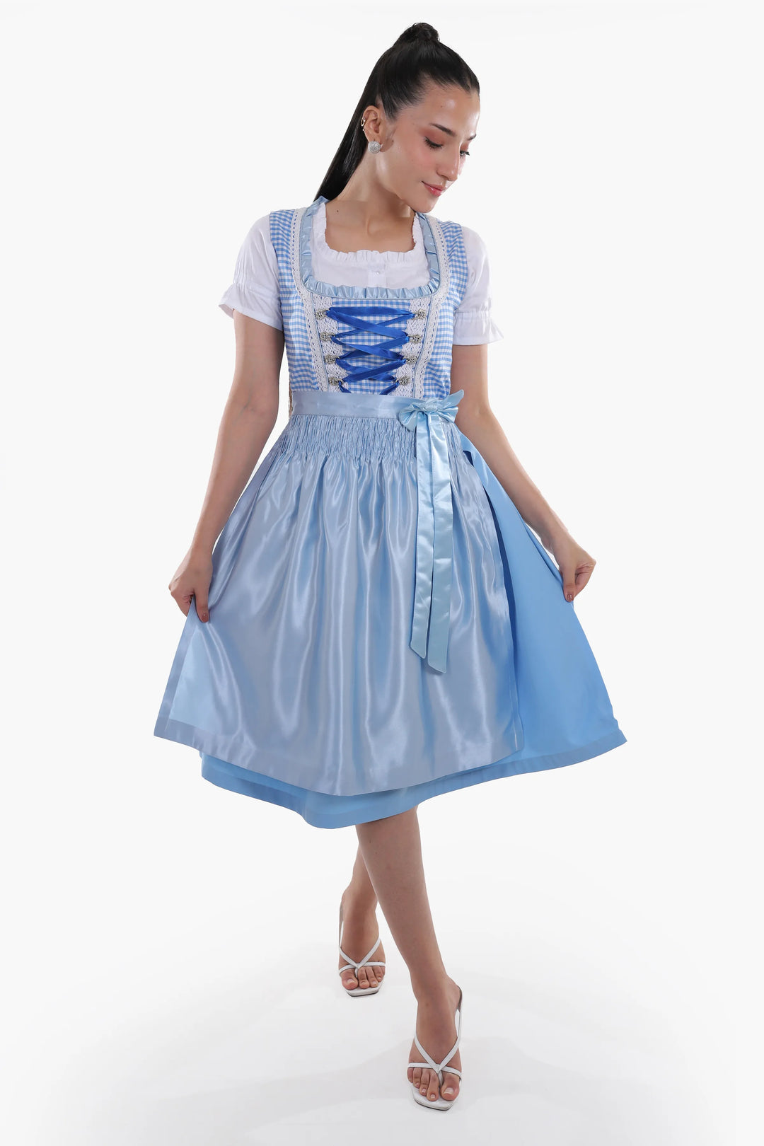 Dirndl Midi Damen | Kariertes Trachtenkleid mit Schürze, strukturiertem Mieder und Schnürband für Oktoberfest