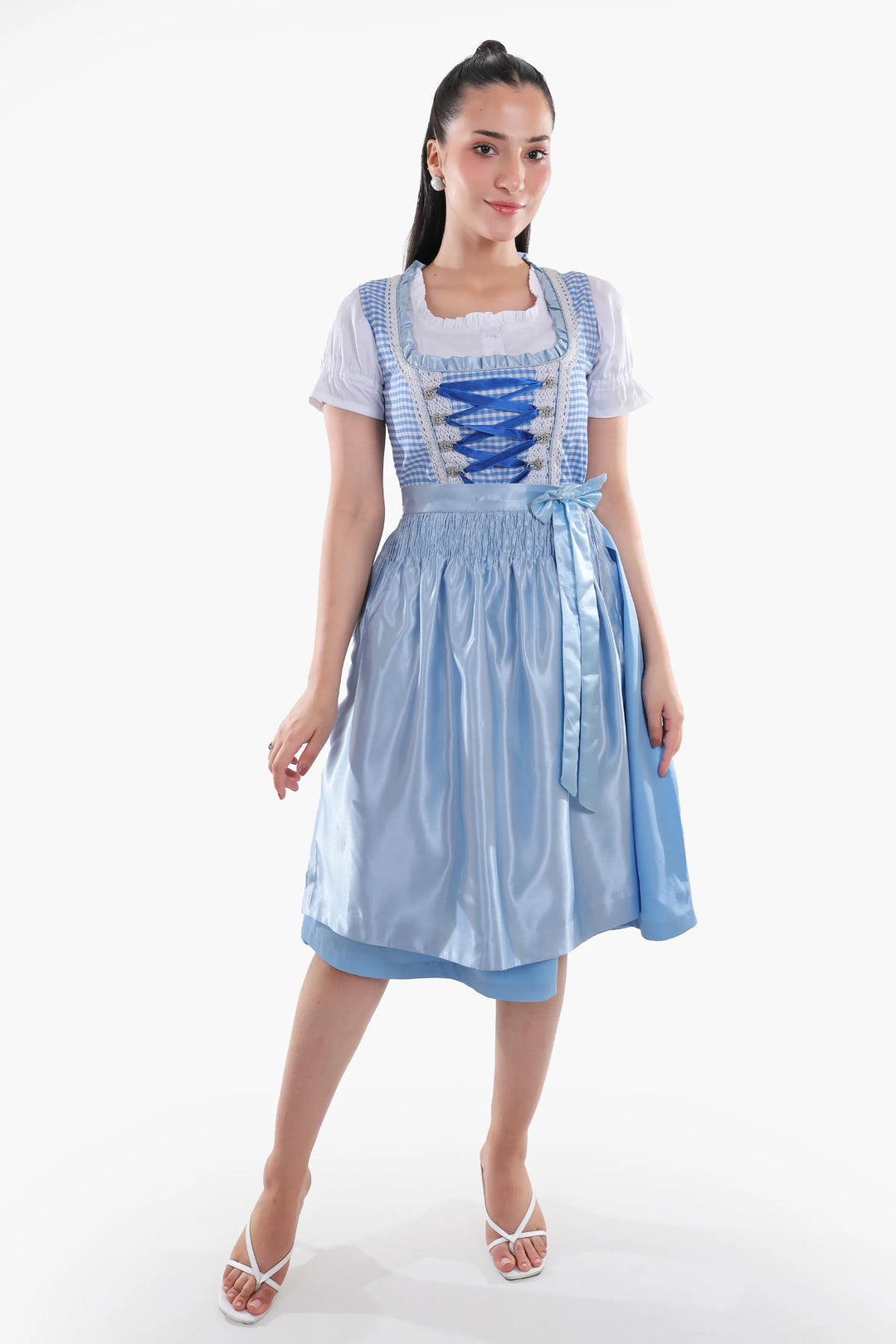 Dirndl Midi Damen | Kariertes Trachtenkleid mit Schürze, strukturiertem Mieder und Schnürband für Oktoberfest