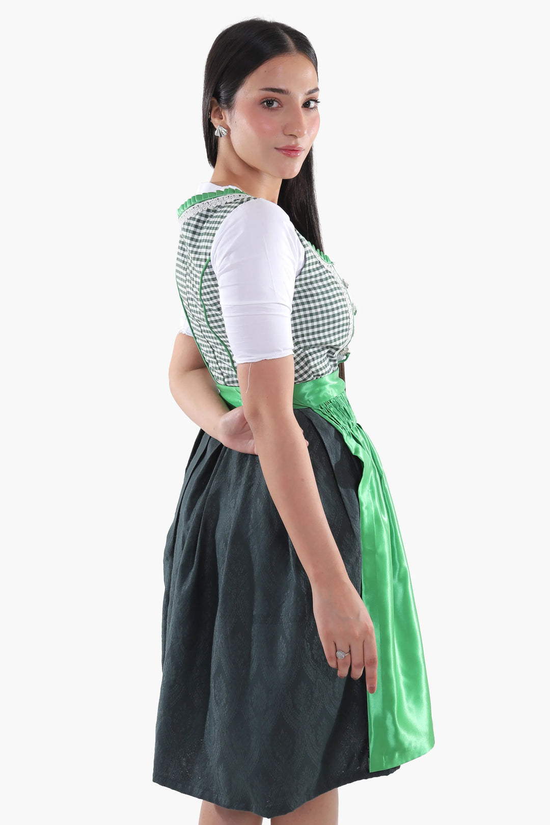 Dirndl Midi Damen Grün Kariert | Trachtenkleid mit strukturiertem Mieder und Schürze für Oktoberfest