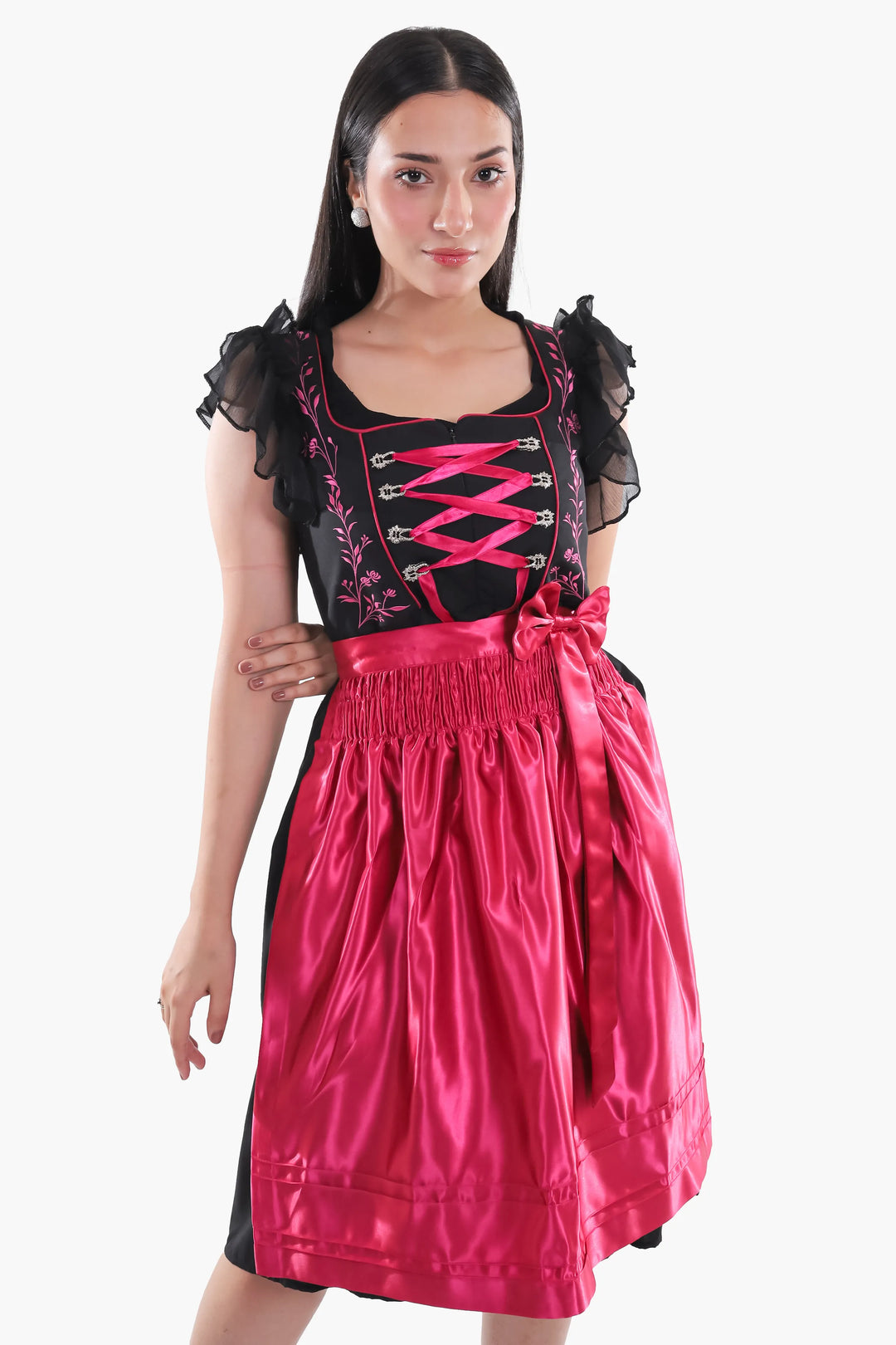 Dirndl Midi Damen Schwarz Fuchsia | Trachtenkleid mit floralen Details, Mieder und Kontrastschürze für Oktoberfest