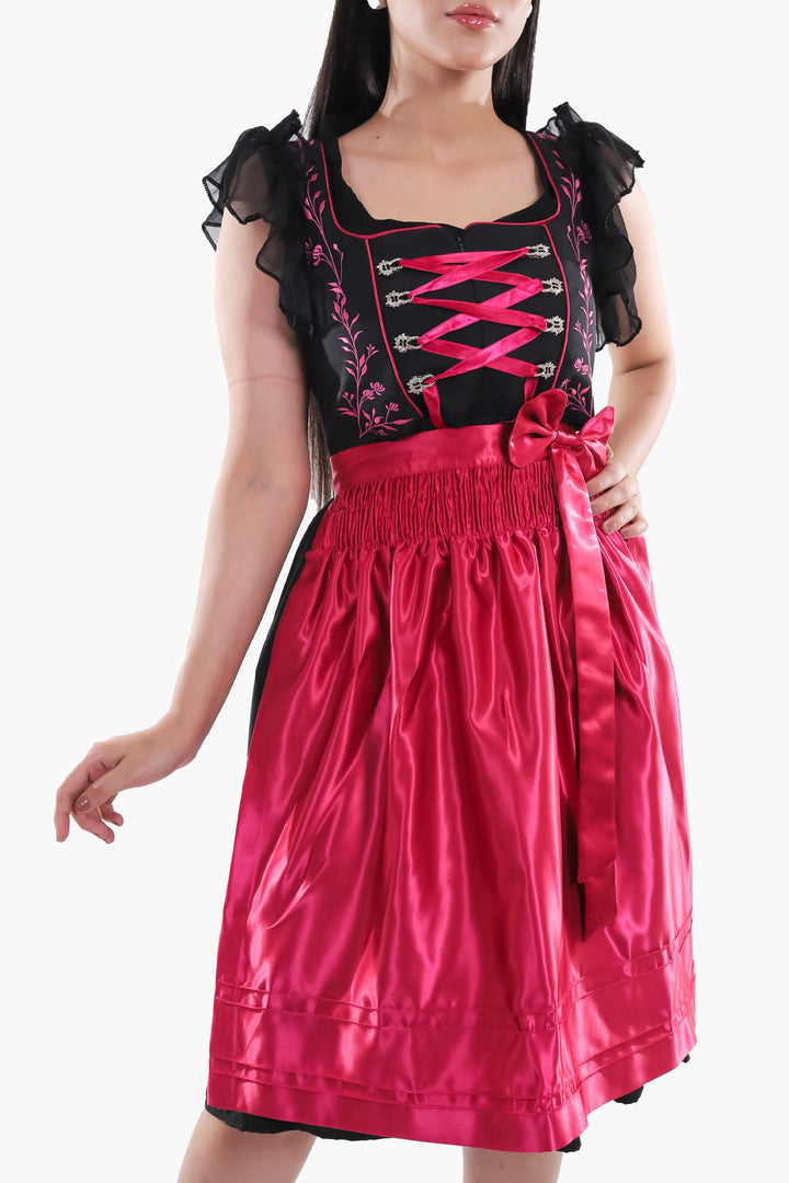 Dirndl Midi Damen Schwarz Fuchsia | Trachtenkleid mit floralen Details, Mieder und Kontrastschürze für Oktoberfest