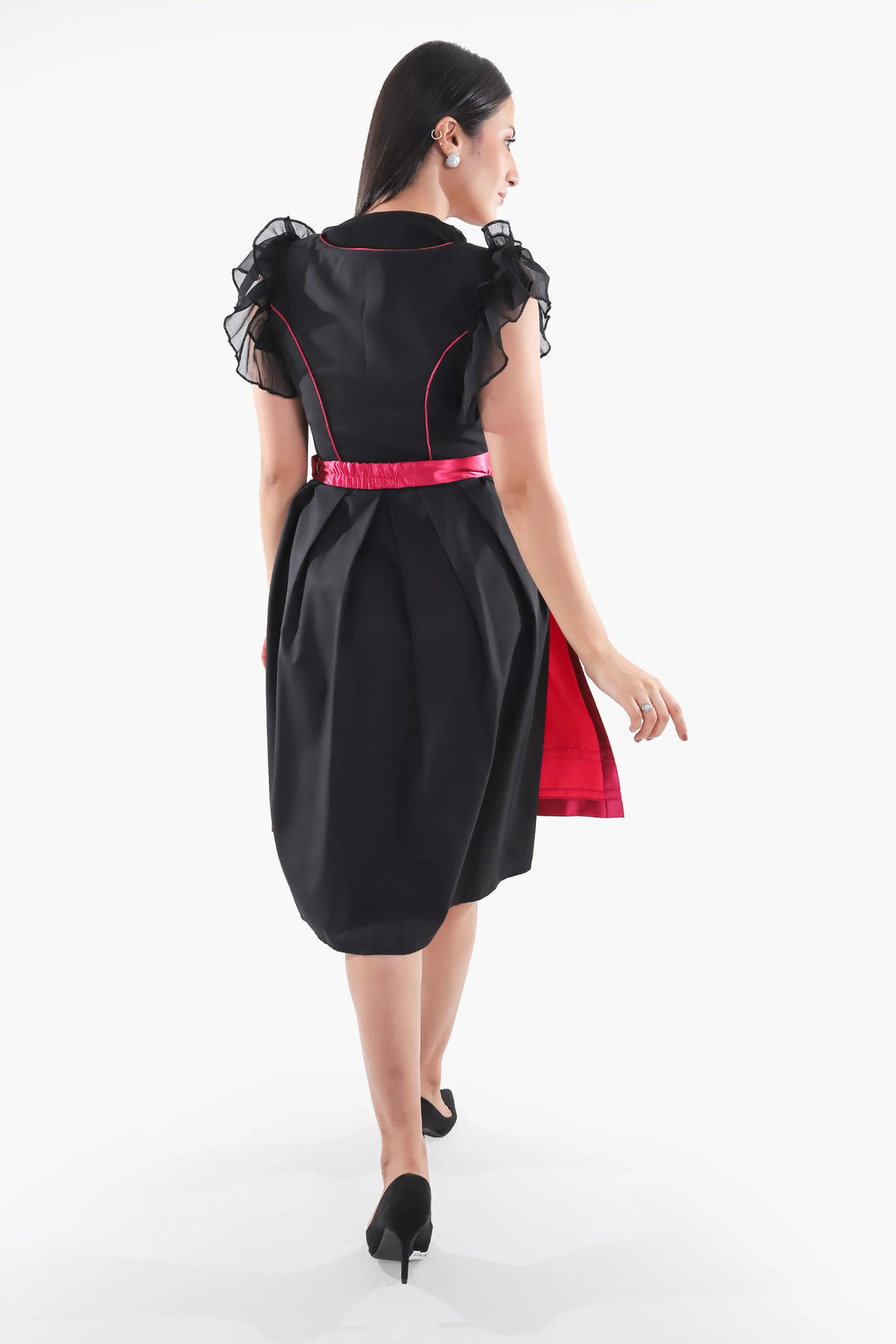 Dirndl Midi Damen Schwarz Fuchsia | Trachtenkleid mit floralen Details, Mieder und Kontrastschürze für Oktoberfest