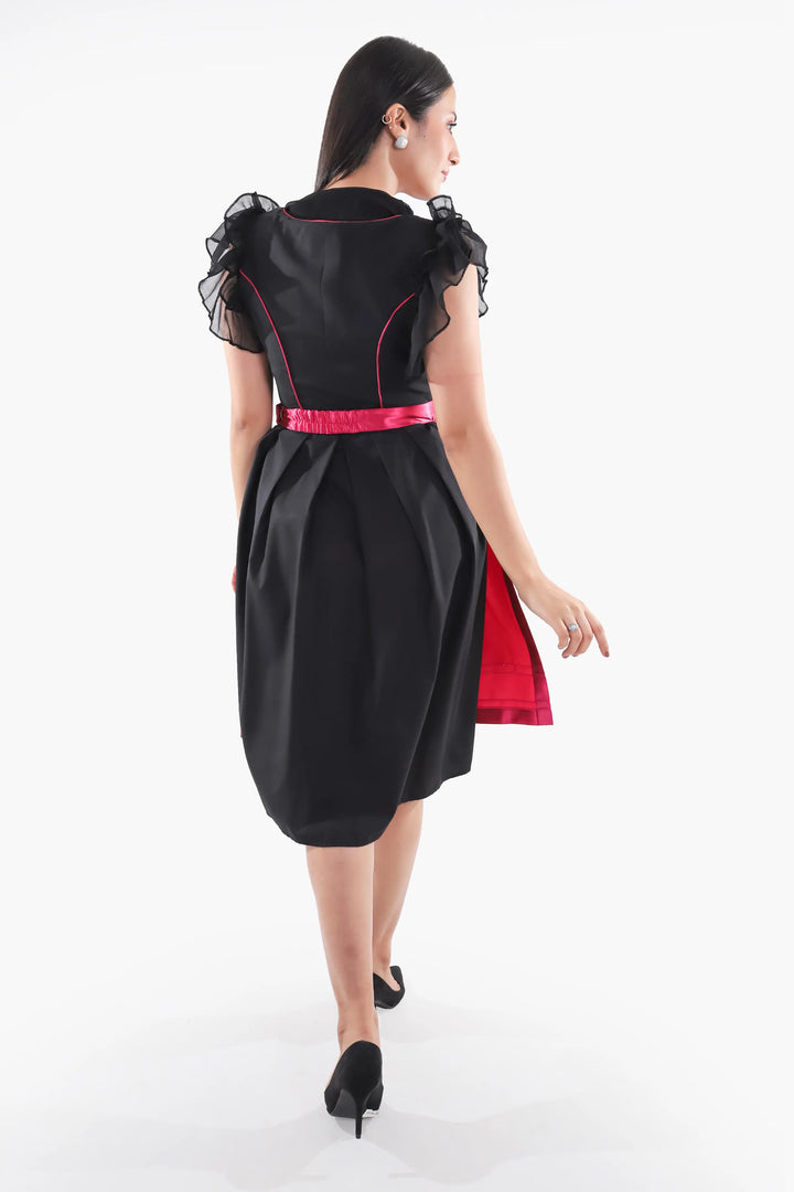 Dirndl Midi Damen Schwarz Fuchsia | Trachtenkleid mit floralen Details, Mieder und Kontrastschürze für Oktoberfest