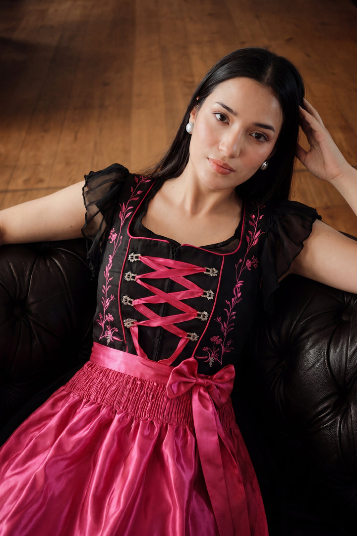 Dirndl Midi Damen Schwarz Fuchsia | Trachtenkleid mit floralen Details, Mieder und Kontrastschürze für Oktoberfest