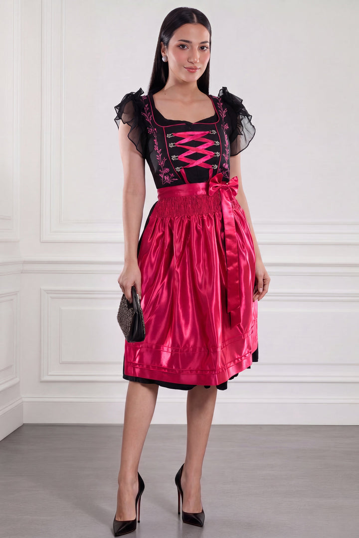 Dirndl Midi Damen Schwarz Fuchsia | Trachtenkleid mit floralen Details, Mieder und Kontrastschürze für Oktoberfest