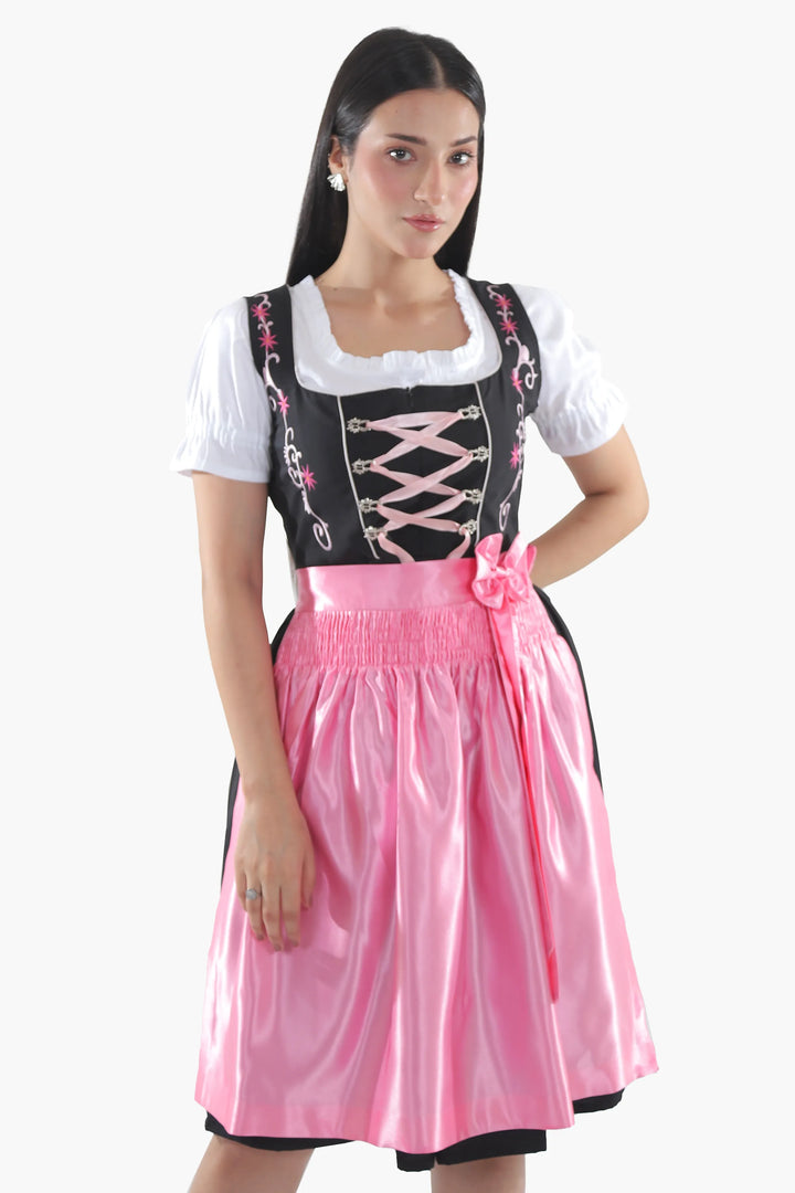 Dirndl Midi Damen Schwarz Rosa | Trachtenkleid mit strukturiertem Mieder und Kontrastschürze für Oktoberfest