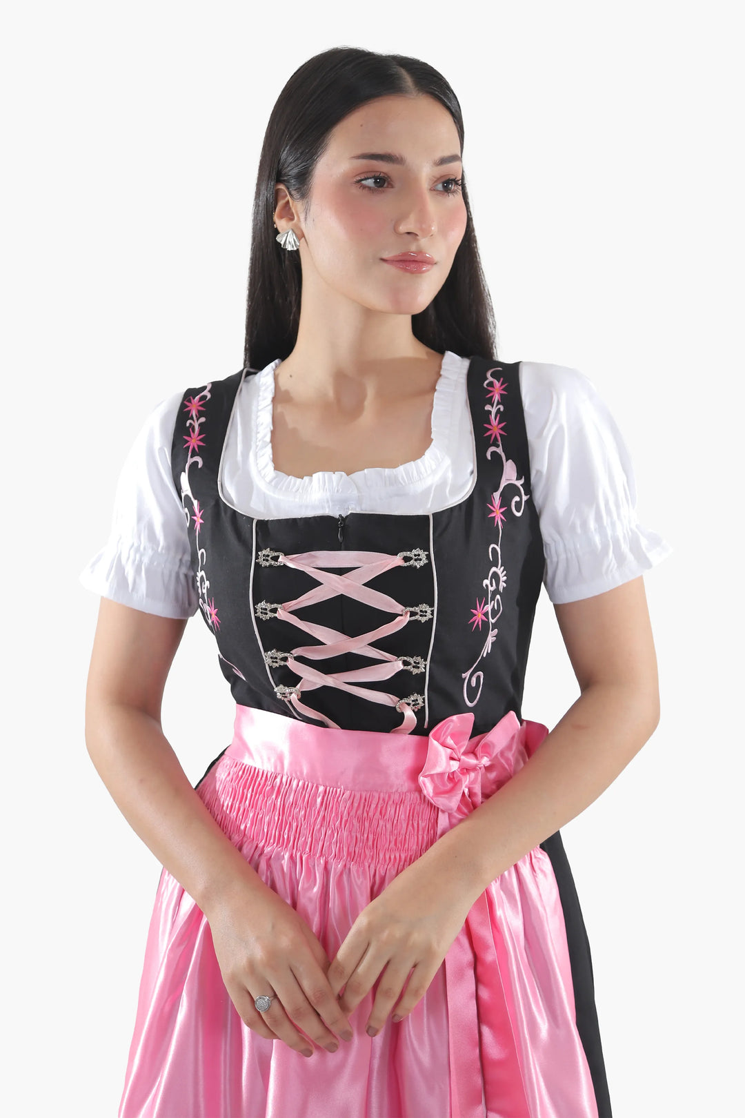 Dirndl Midi Damen Schwarz Rosa | Trachtenkleid mit strukturiertem Mieder und Kontrastschürze für Oktoberfest
