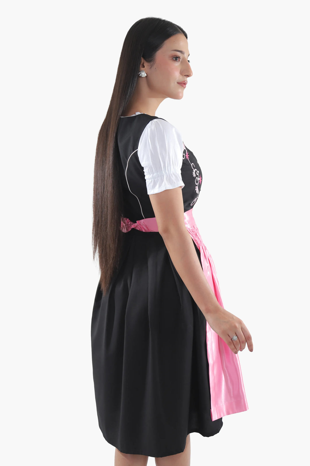 Dirndl Midi Damen Schwarz Rosa | Trachtenkleid mit strukturiertem Mieder und Kontrastschürze für Oktoberfest
