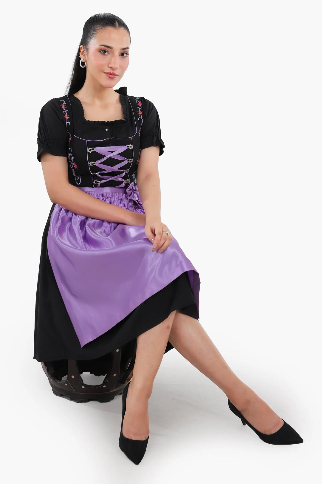 Dirndl Midi Damen Schwarz Lavendel | Trachtenkleid mit strukturiertem Mieder und Kontrastschürze für Oktoberfest