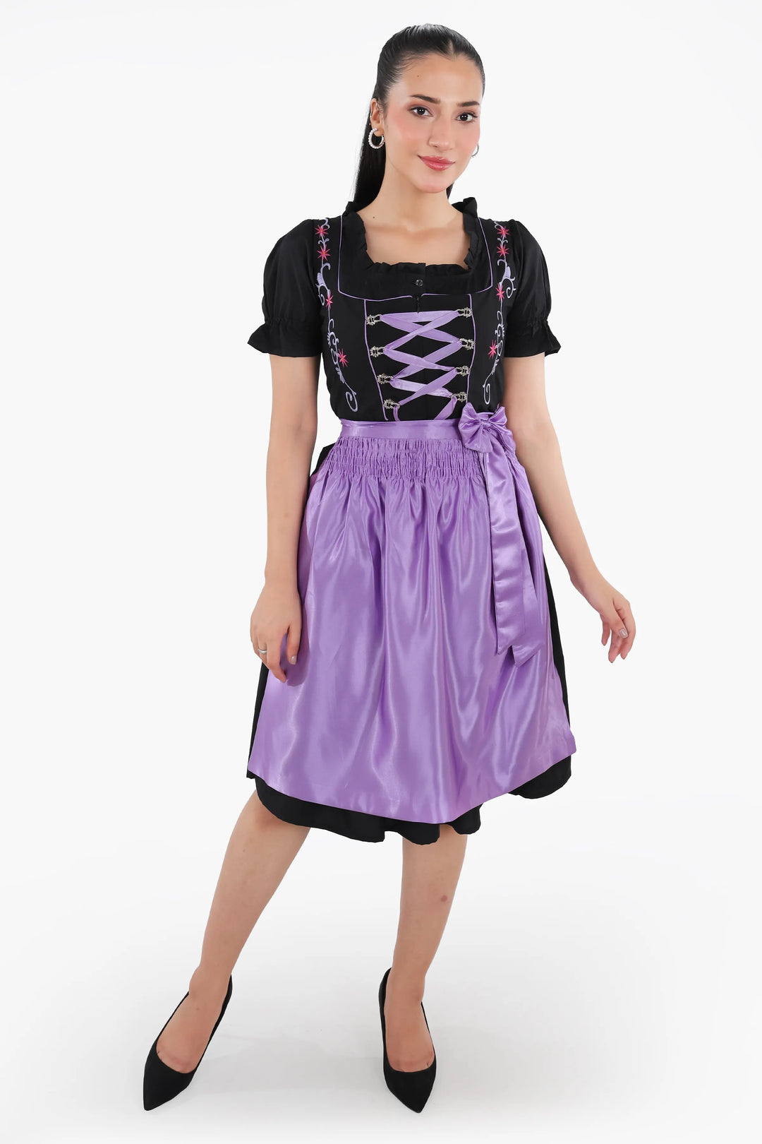 Dirndl Midi Damen Schwarz Lavendel | Trachtenkleid mit strukturiertem Mieder und Kontrastschürze für Oktoberfest