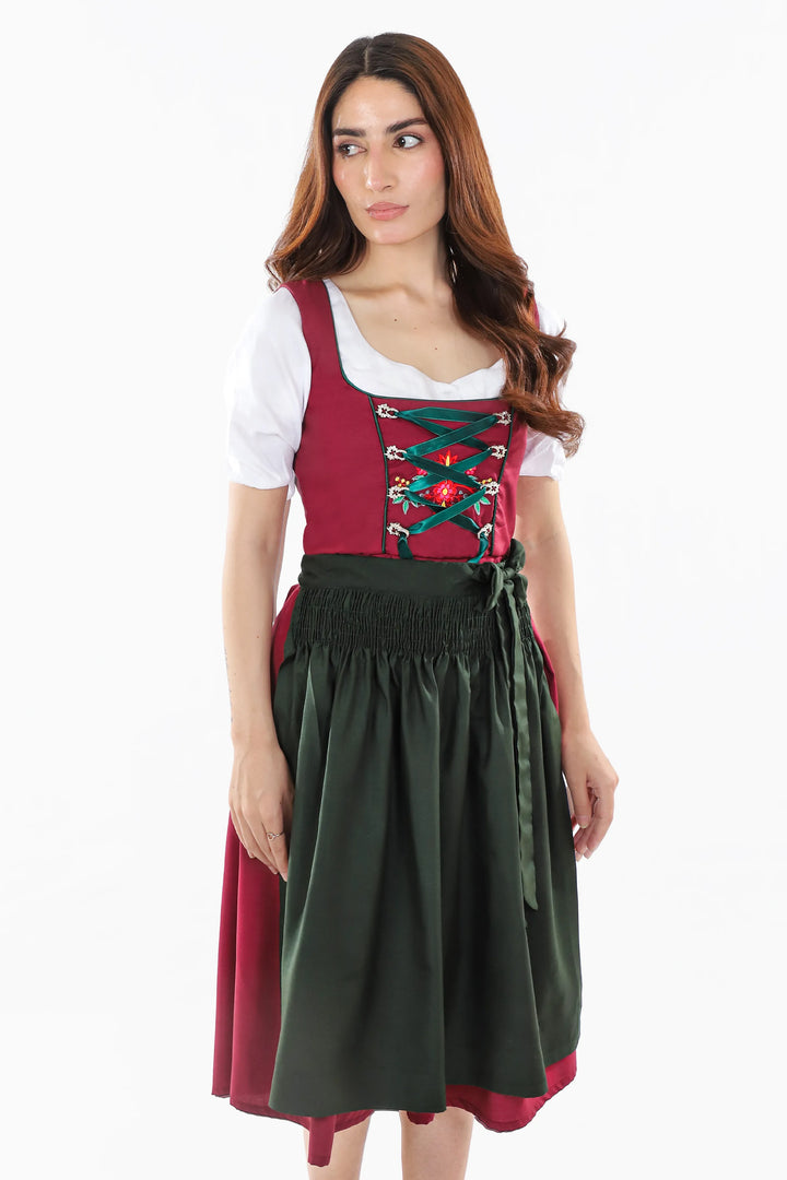 Dirndl Midi Damen Beerenrot | Trachtenkleid mit strukturiertem Mieder und Kontrastschürze für Oktoberfest