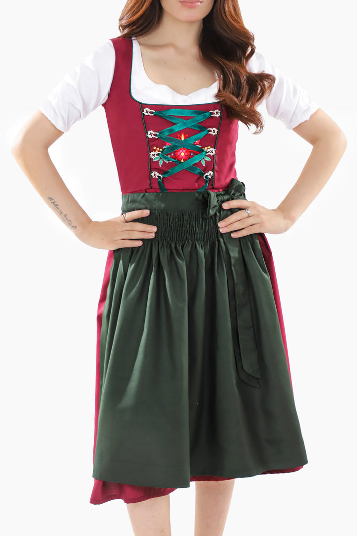 Dirndl Midi Damen Beerenrot | Trachtenkleid mit strukturiertem Mieder und Kontrastschürze für Oktoberfest