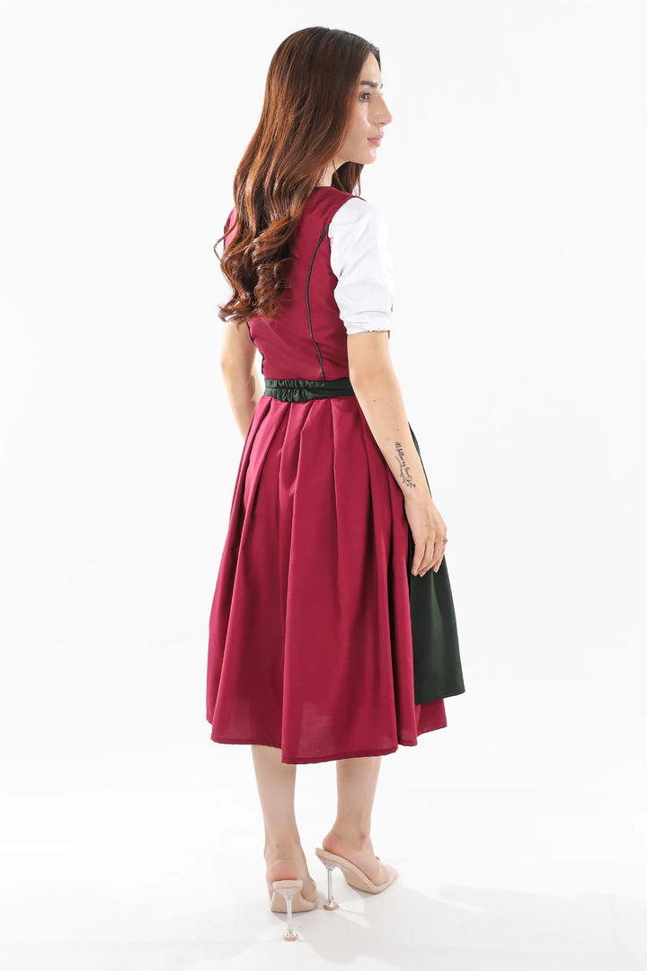 Dirndl Midi Damen Beerenrot | Trachtenkleid mit strukturiertem Mieder und Kontrastschürze für Oktoberfest