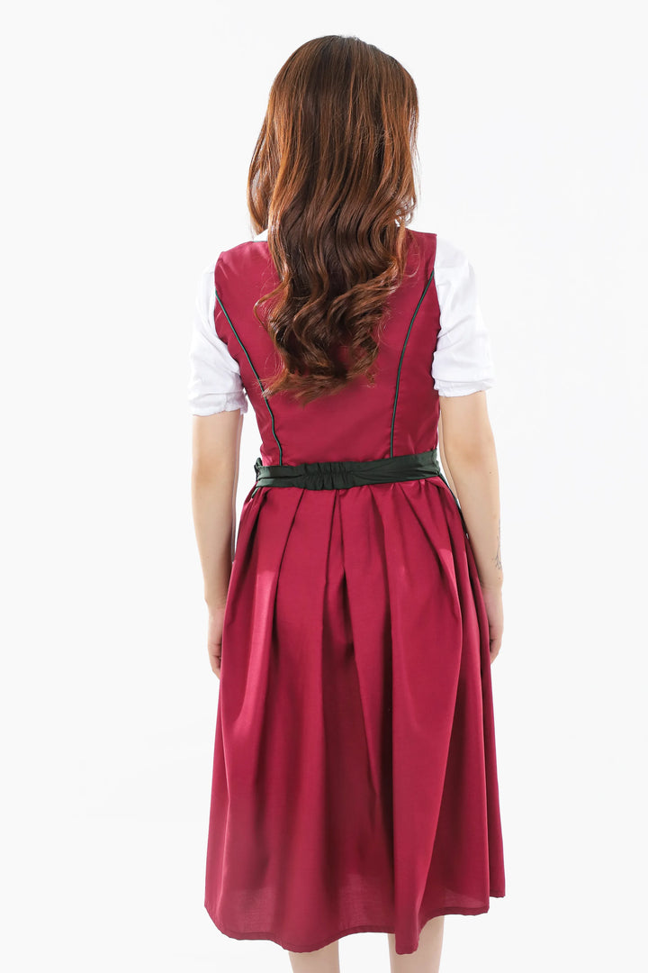 Dirndl Midi Damen Beerenrot | Trachtenkleid mit strukturiertem Mieder und Kontrastschürze für Oktoberfest