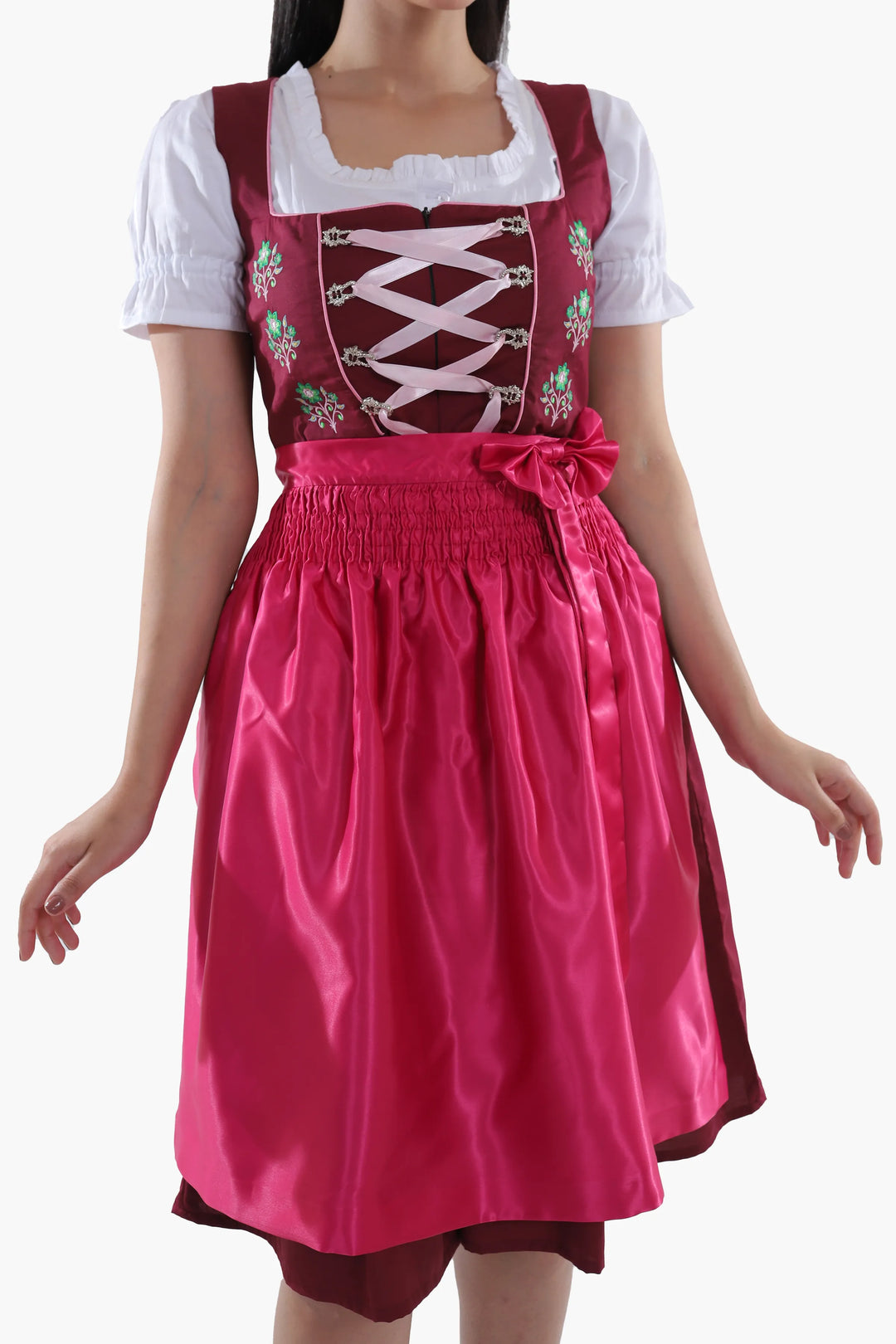 Dirndl Midi Damen Beere Pflaume Rosa | Trachtenkleid mit strukturiertem Mieder und Kontrastschürze für Oktoberfest