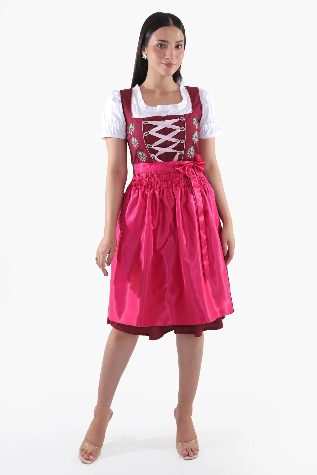Dirndl Midi Damen Beere Pflaume Rosa | Trachtenkleid mit strukturiertem Mieder und Kontrastschürze für Oktoberfest