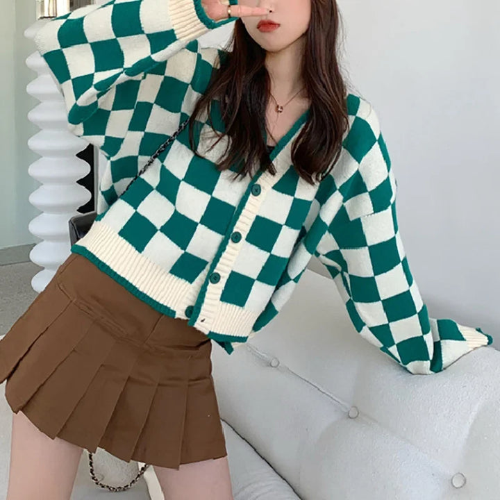 Damen Cardigan | Grobstrick mit Karomuster &amp; Knopfleiste für Alltag und kühle Tage