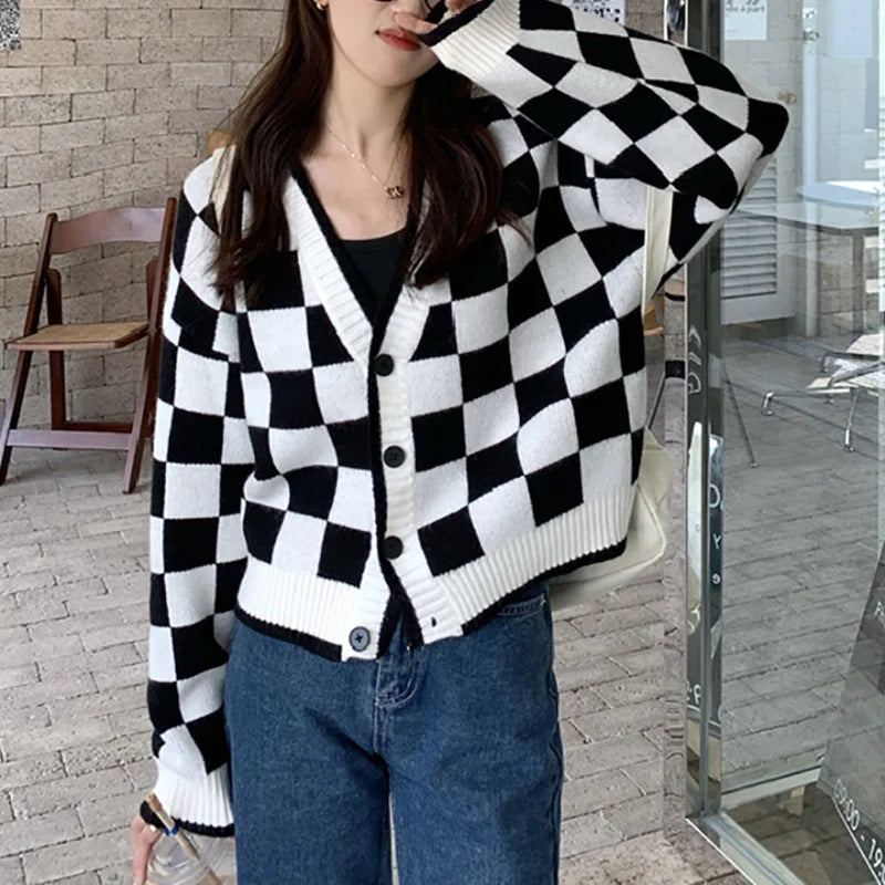 Damen Cardigan | Grobstrick mit Karomuster &amp; Knopfleiste für Alltag und kühle Tage