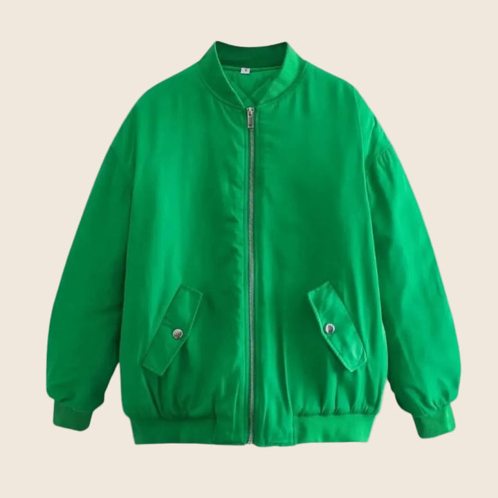 Damen Bomberjacke Oversize mit Reißverschluss | Lässige Übergangsjacke mit geripptem Rundhalsausschnitt und Fronttaschen mit Knopfverschluss