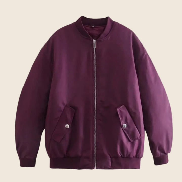 Damen Bomberjacke Oversize mit Reißverschluss | Lässige Übergangsjacke mit geripptem Rundhalsausschnitt und Fronttaschen mit Knopfverschluss