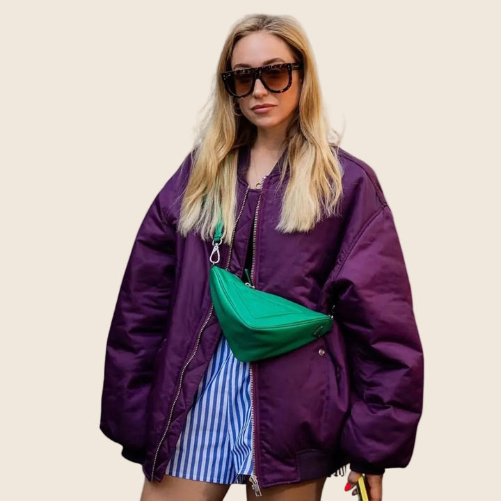 Damen Bomberjacke Oversize mit Reißverschluss | Lässige Übergangsjacke mit geripptem Rundhalsausschnitt und Fronttaschen mit Knopfverschluss