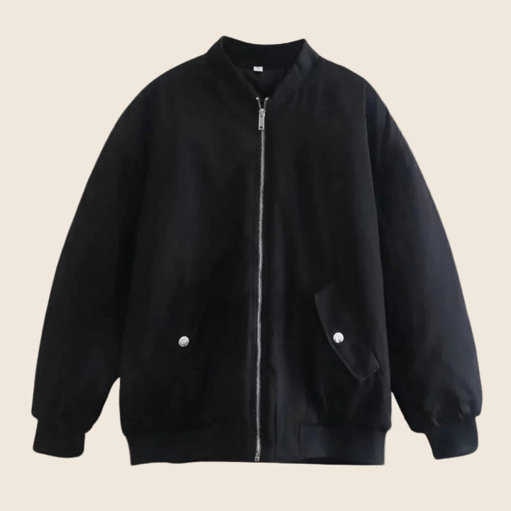 Damen Bomberjacke Oversize mit Reißverschluss | Lässige Übergangsjacke mit geripptem Rundhalsausschnitt und Fronttaschen mit Knopfverschluss