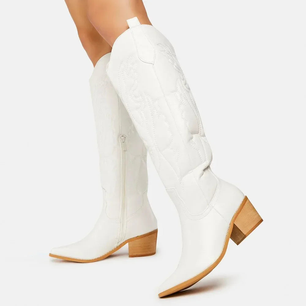 Damen kniehohe Cowboystiefel im Western-Stil | Elegante Winterstiefel mit Reißverschluss im Vintage-Look bis Größe 43