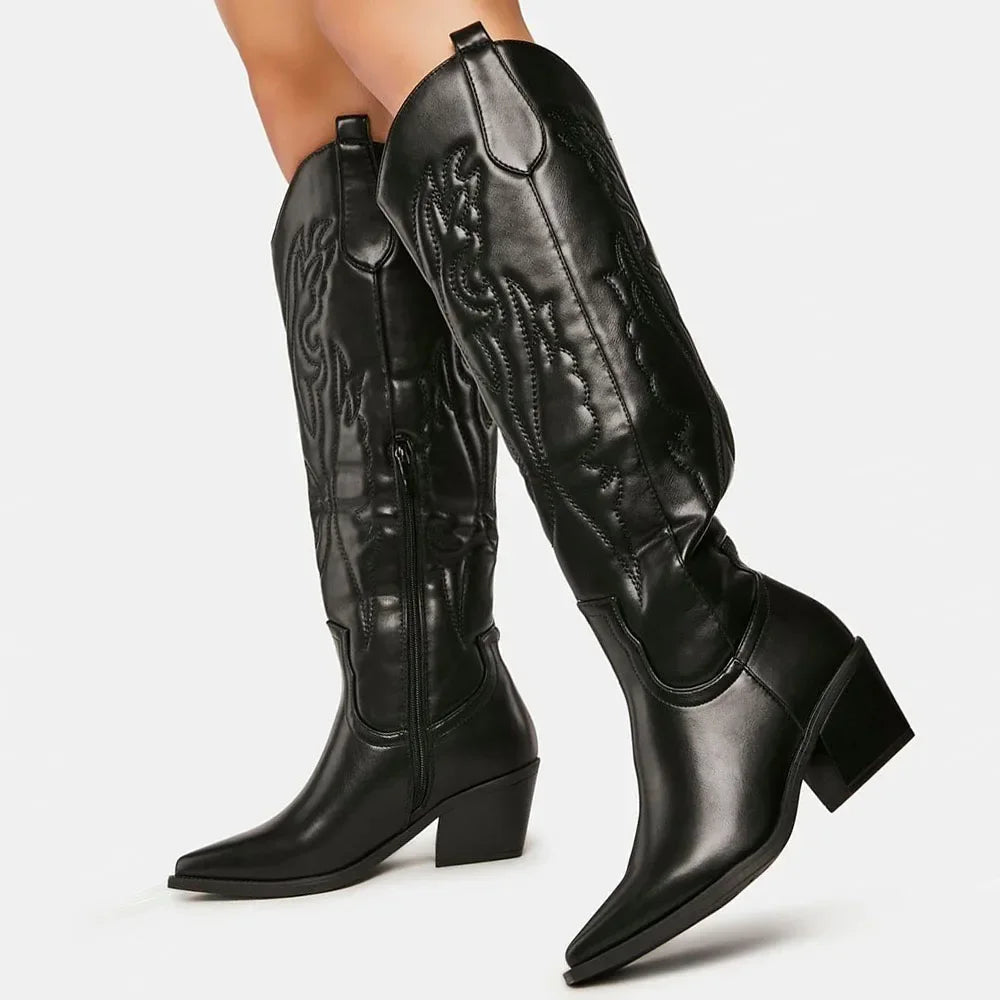 Damen kniehohe Cowboystiefel im Western-Stil | Elegante Winterstiefel mit Reißverschluss im Vintage-Look bis Größe 43