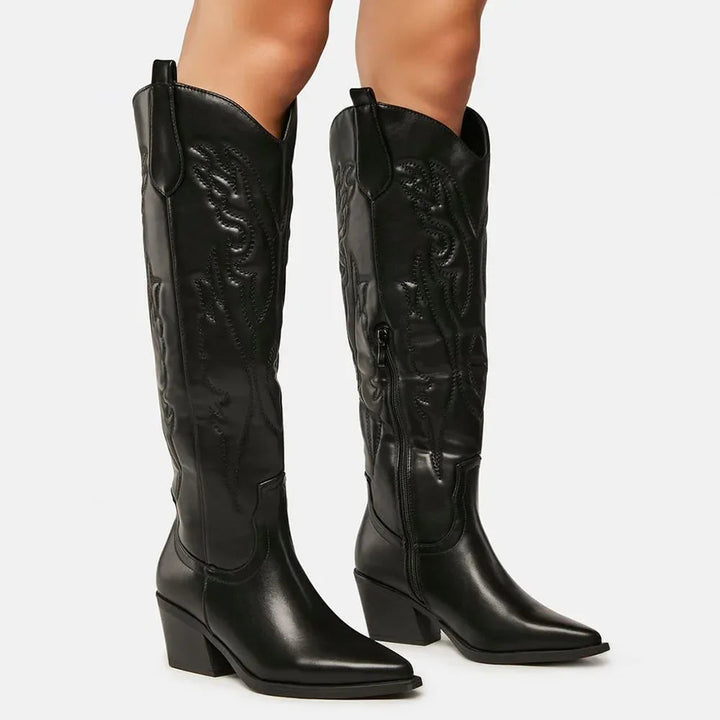 Damen kniehohe Cowboystiefel im Western-Stil | Elegante Winterstiefel mit Reißverschluss im Vintage-Look bis Größe 43