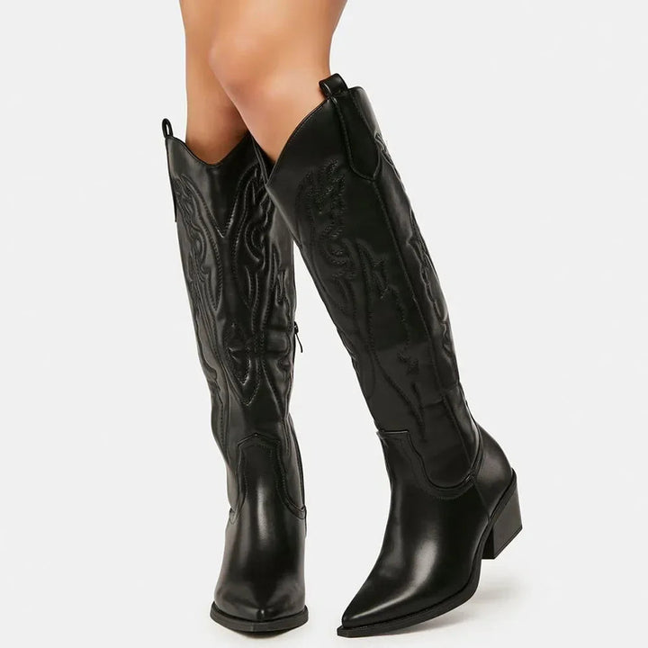 Damen kniehohe Cowboystiefel im Western-Stil | Elegante Winterstiefel mit Reißverschluss im Vintage-Look bis Größe 43
